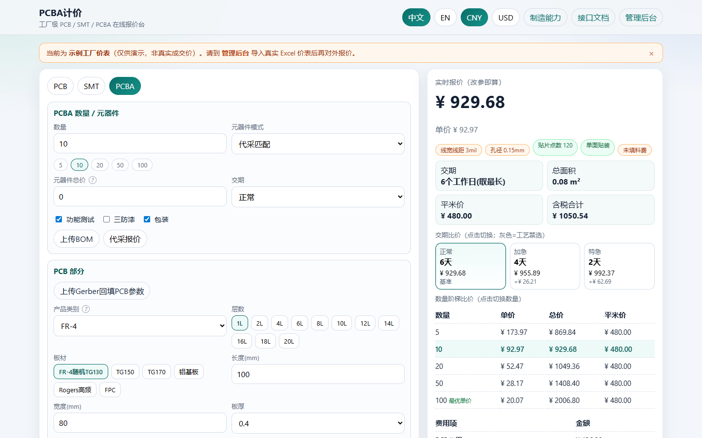 PCBA 整板询价工作台：光板、贴片与附加项汇总